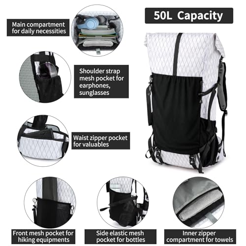 Hiking Backpack,40L to 50L Extra Large Capacity Hiking Bag,Internal Frame Camping Backpack,Upgraded X-PAC Lightweight Sport Daypack Travel Backpack Fit For Mountain Climbing Camping(White)