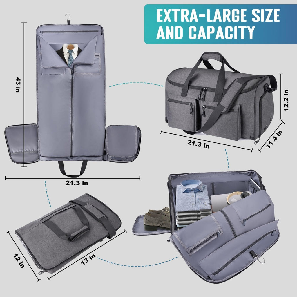 HILOMON Convertible Duffle Bags for Travel Carry On Suit Duffle Bags with Shoulder Strap 2 in 1 Hanging Garment Duffle Bag for Men Women (Gray Mesh Storage)