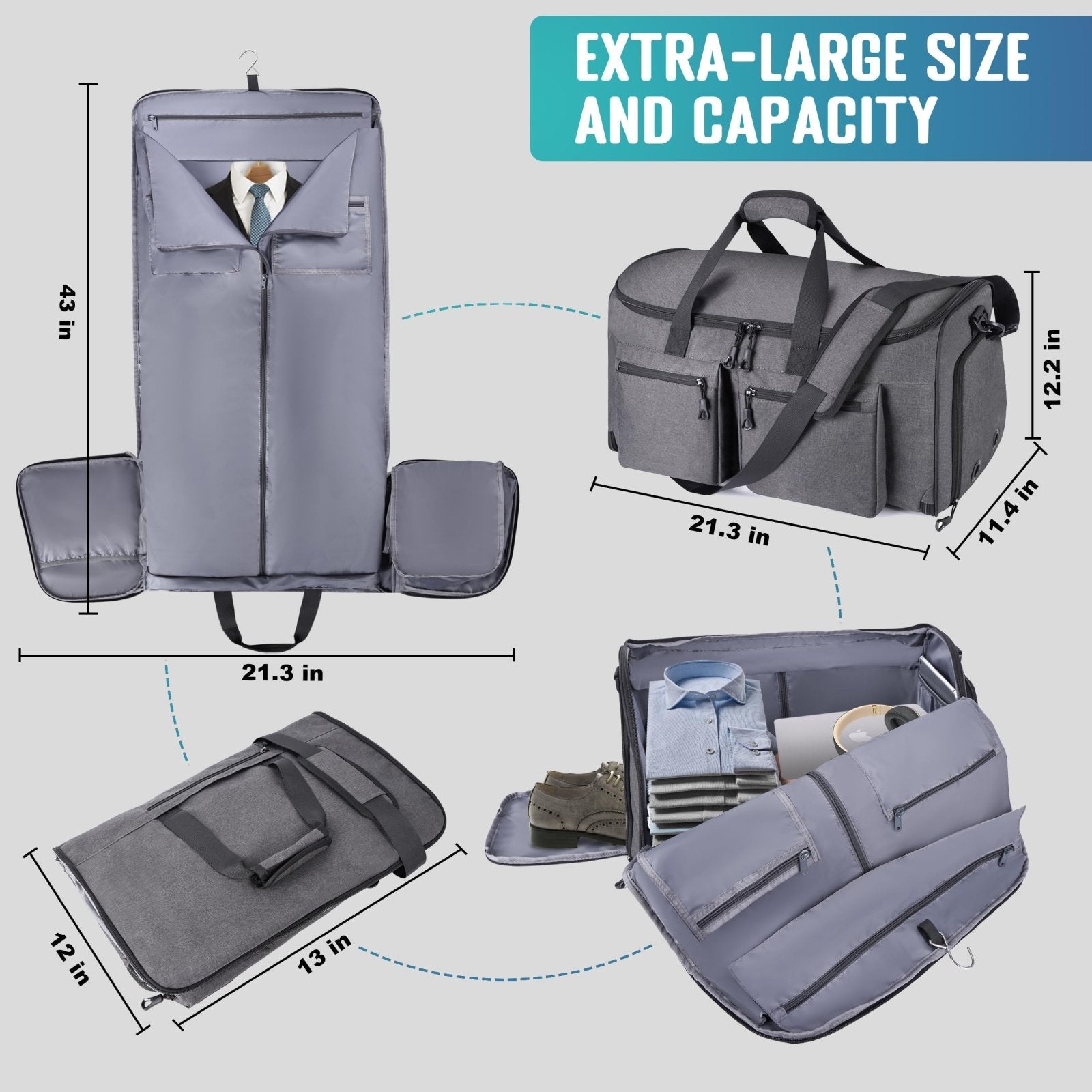 HILOMON Convertible Duffle Bags for Travel Carry On Suit Duffle Bags with Shoulder Strap 2 in 1 Hanging Garment Duffle Bag for Men Women (Gray Mesh Storage)