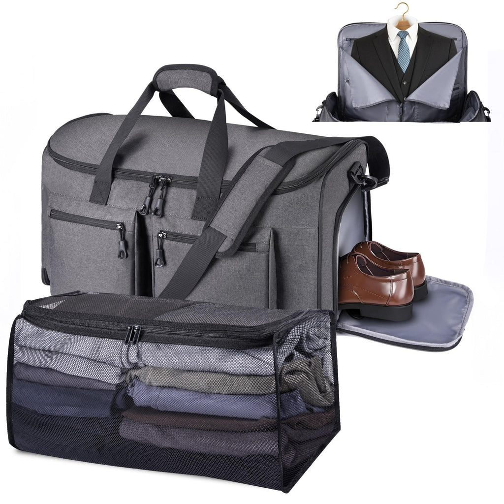 HILOMON Convertible Duffle Bags for Travel Carry On Suit Duffle Bags with Shoulder Strap 2 in 1 Hanging Garment Duffle Bag for Men Women (Gray Mesh Storage)