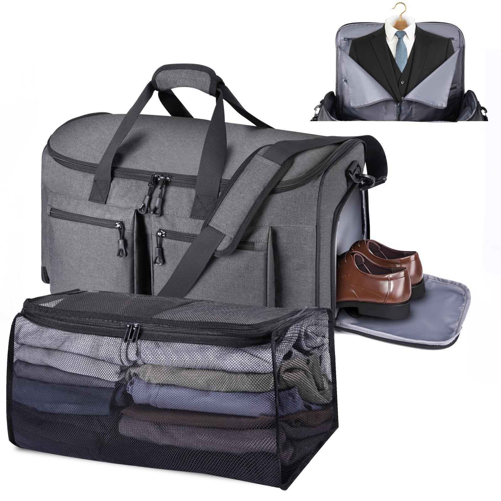 HILOMON Convertible Duffle Bags for Travel Carry On Suit Duffle Bags with Shoulder Strap 2 in 1 Hanging Garment Duffle Bag for Men Women (Gray Mesh Storage)