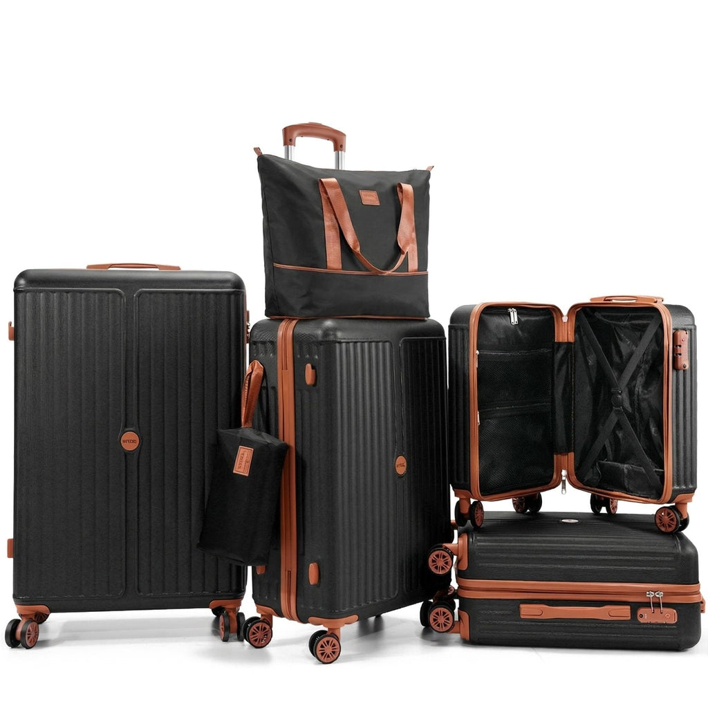 Hoteel Luggage 6-piece Set, 360° Universal Suitcases with Wheels Hard Shell Suitcase with TSA Lock, Including Waterproof Luggage Bag, Travel Maletas for Men and Women,Black(16/20/24/28Inch)