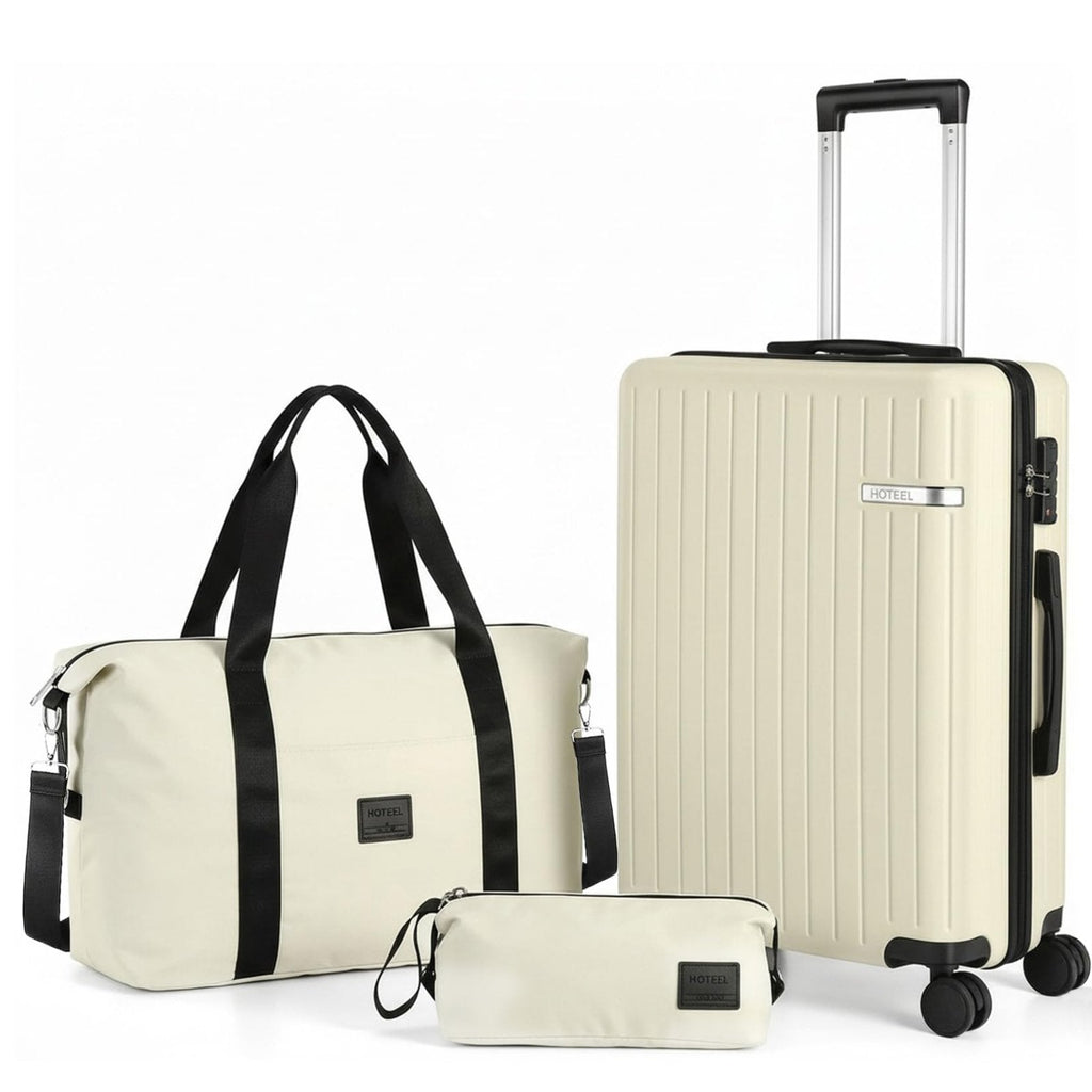 Hoteel Luggage Sets 3 Piece Carry on Luggage with Spinner TSA Lock for Unisex (4-YEAR WARRANTY), ABS+PC Hard Shell Rolling Carry-on Suit Case for Plane, Travel, Business, Off-White (20in/DB/TB)