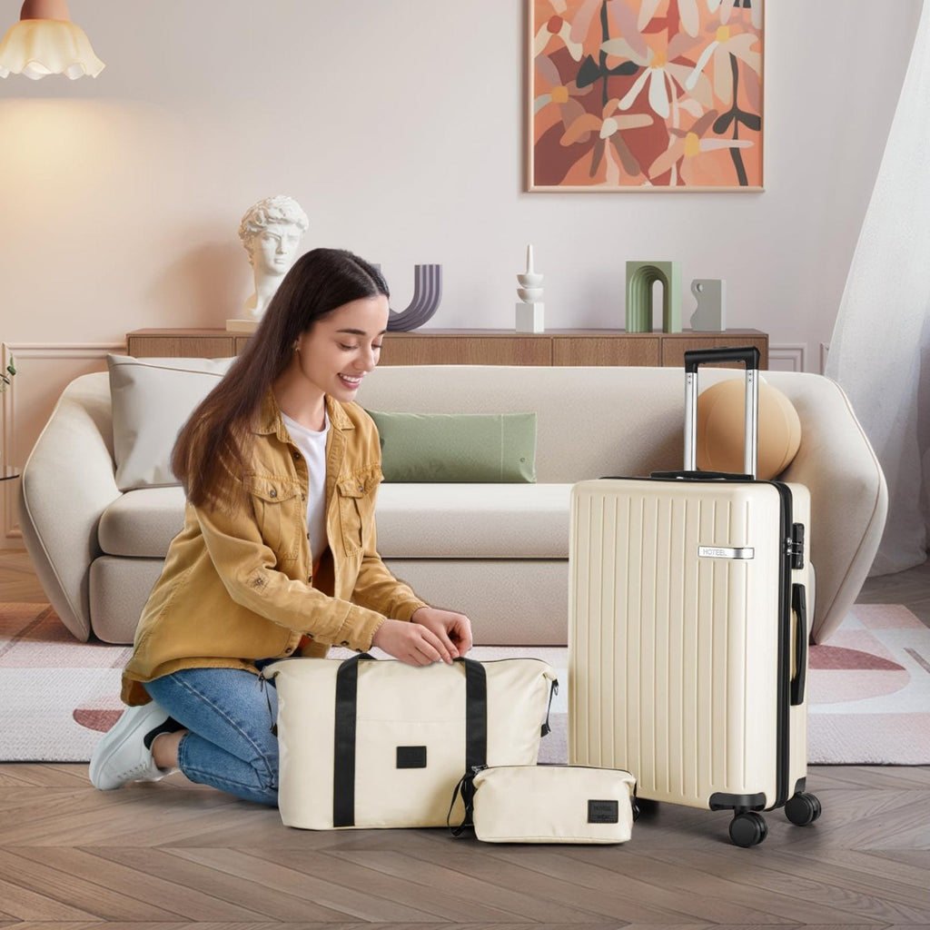Hoteel Luggage Sets 3 Piece Carry on Luggage with Spinner TSA Lock for Unisex (4 - YEAR WARRANTY), ABS+PC Hard Shell Rolling Carry - on Suit Case for Plane, Travel, Business, Off - White (20in/DB/TB)