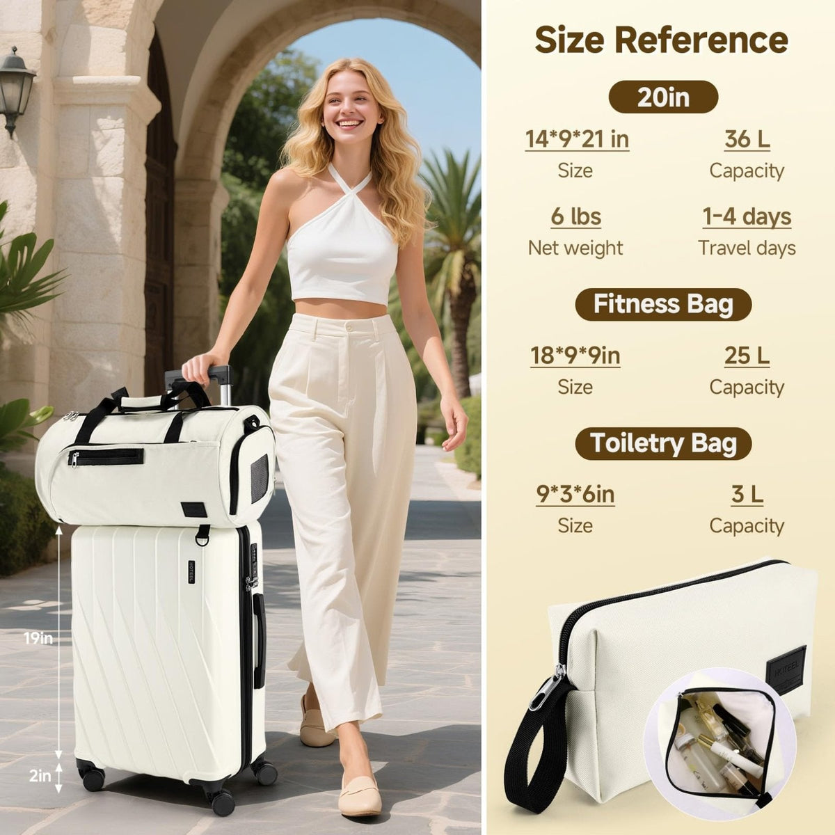 Hoteel Luggage Sets 3 Piece PC Hardside, 4 - Year Warranty, Luggage Set with Spinner Wheels, TSA Lock, YKK Zipper, Lightweight Carry on Luggage, 20" Suitcase with Fitness Duffel & Organizer, Beige