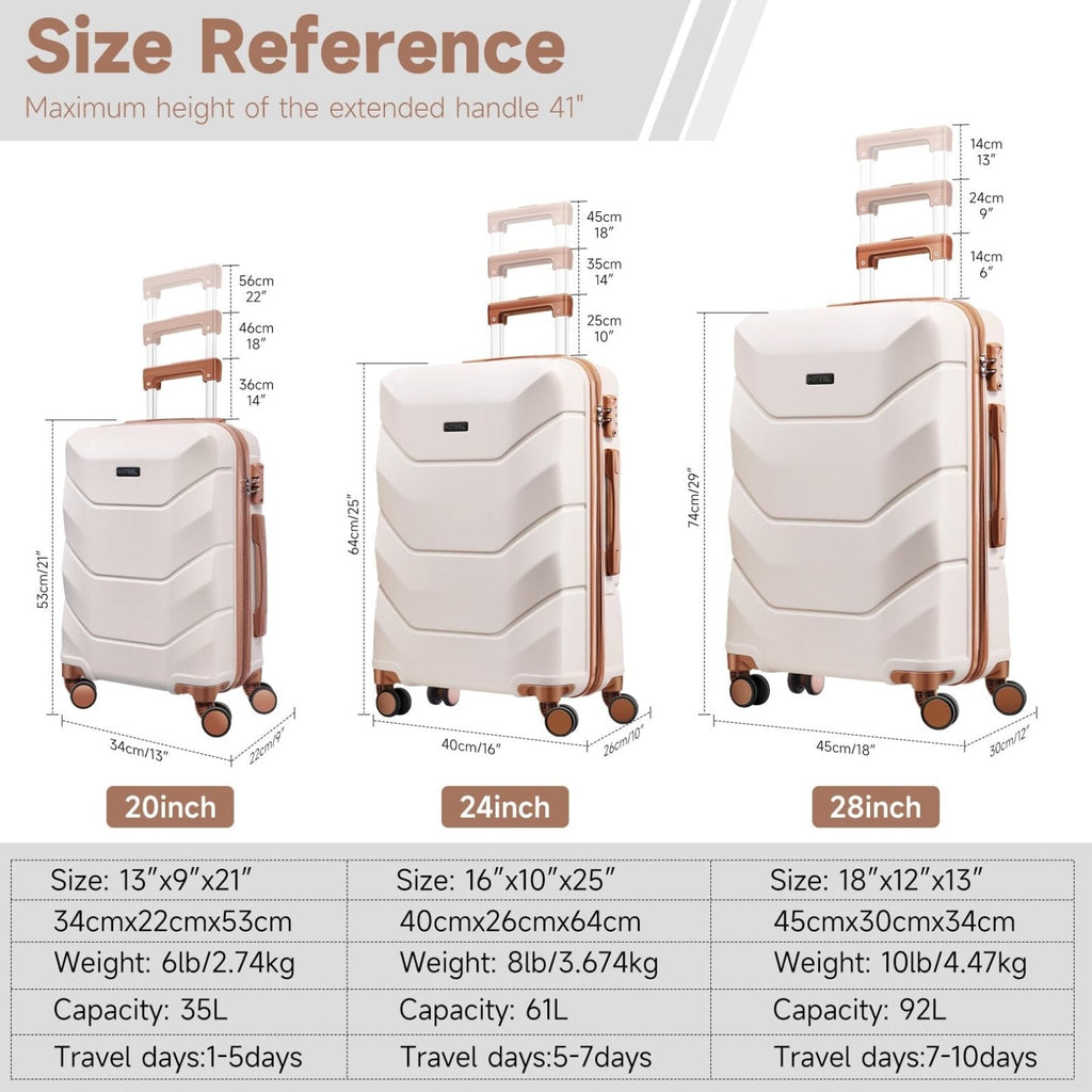 Hoteel Luggage Sets 3 Piece with Spinner Wheels TSA Lock (4 - YEAR WARRANTY), Durable Carry On Suitcase Luggages, Wet - Dry Separation Compartment, ABS Hardshell for Travel, School, Beige(20/24/28in)