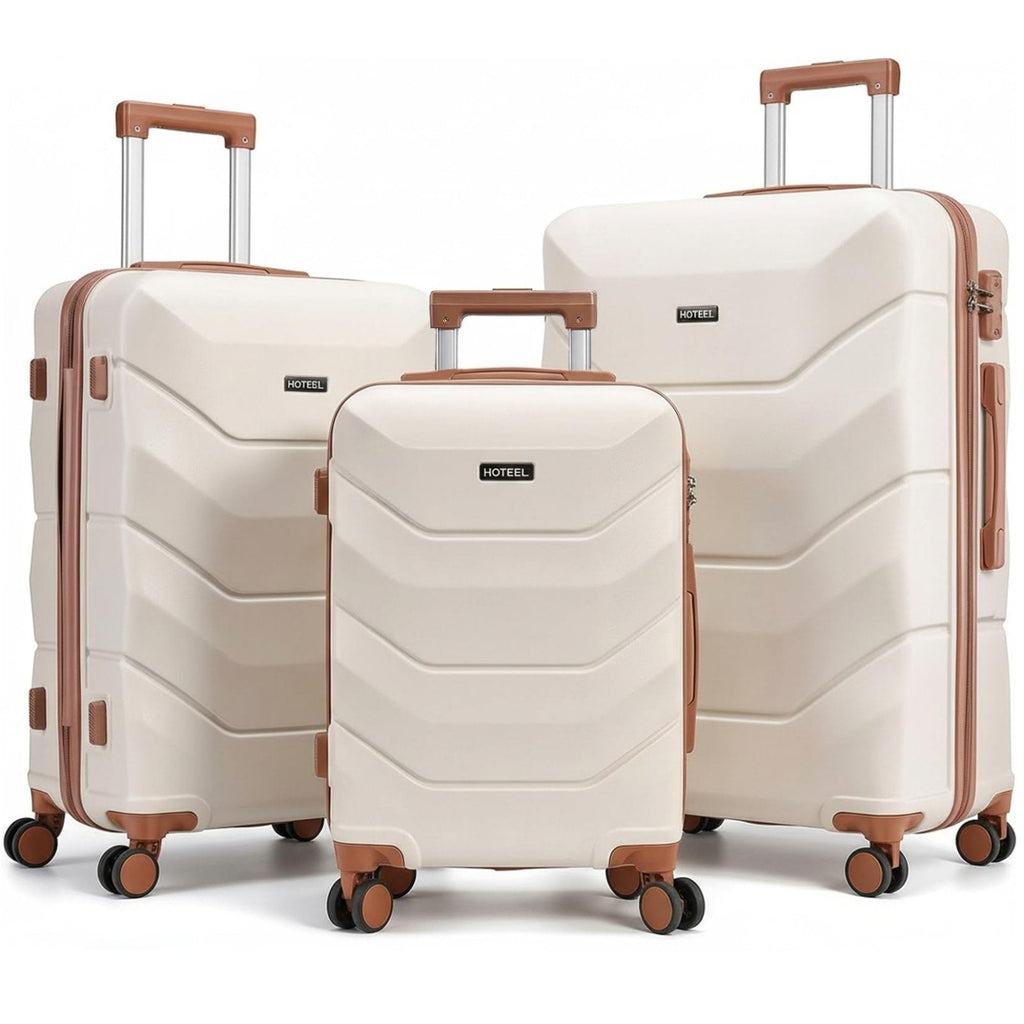 Hoteel Luggage Sets 3 Piece with Spinner Wheels TSA Lock (4-YEAR WARRANTY), Durable Carry On Suitcase Luggages, Wet-Dry Separation Compartment, ABS Hardshell for Travel, School, Beige(20/24/28in)
