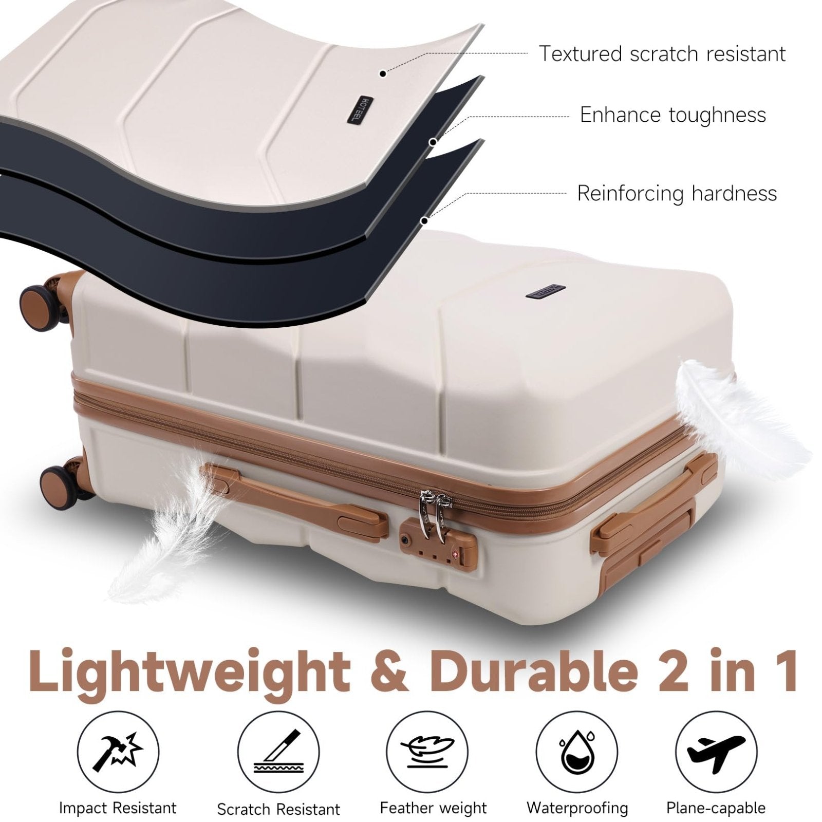 Hoteel Luggage Sets 3 Piece with Spinner Wheels TSA Lock (4 - YEAR WARRANTY), Durable Carry On Suitcase Luggages, Wet - Dry Separation Compartment, ABS Hardshell for Travel, School, Beige(20/24/28in)