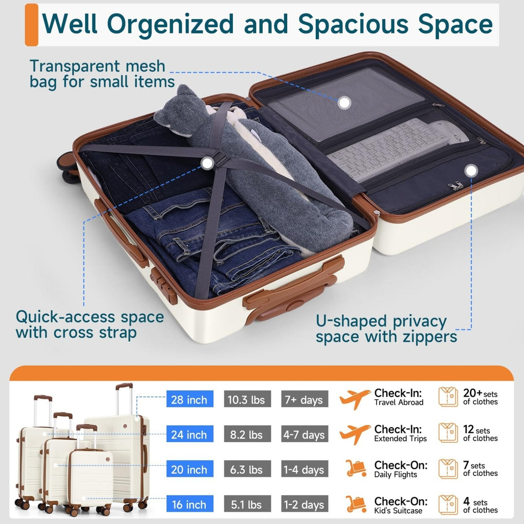 Hoteel Luggage Sets 4 Piece, 4 - Year Warranty, Carry - On Luggage with Dual - Spinner Wheels, PC+ABS Hardside Suitcase Set with TSA Lock, Large Checked Travel Suitcases, Beige(16/20/24/28)