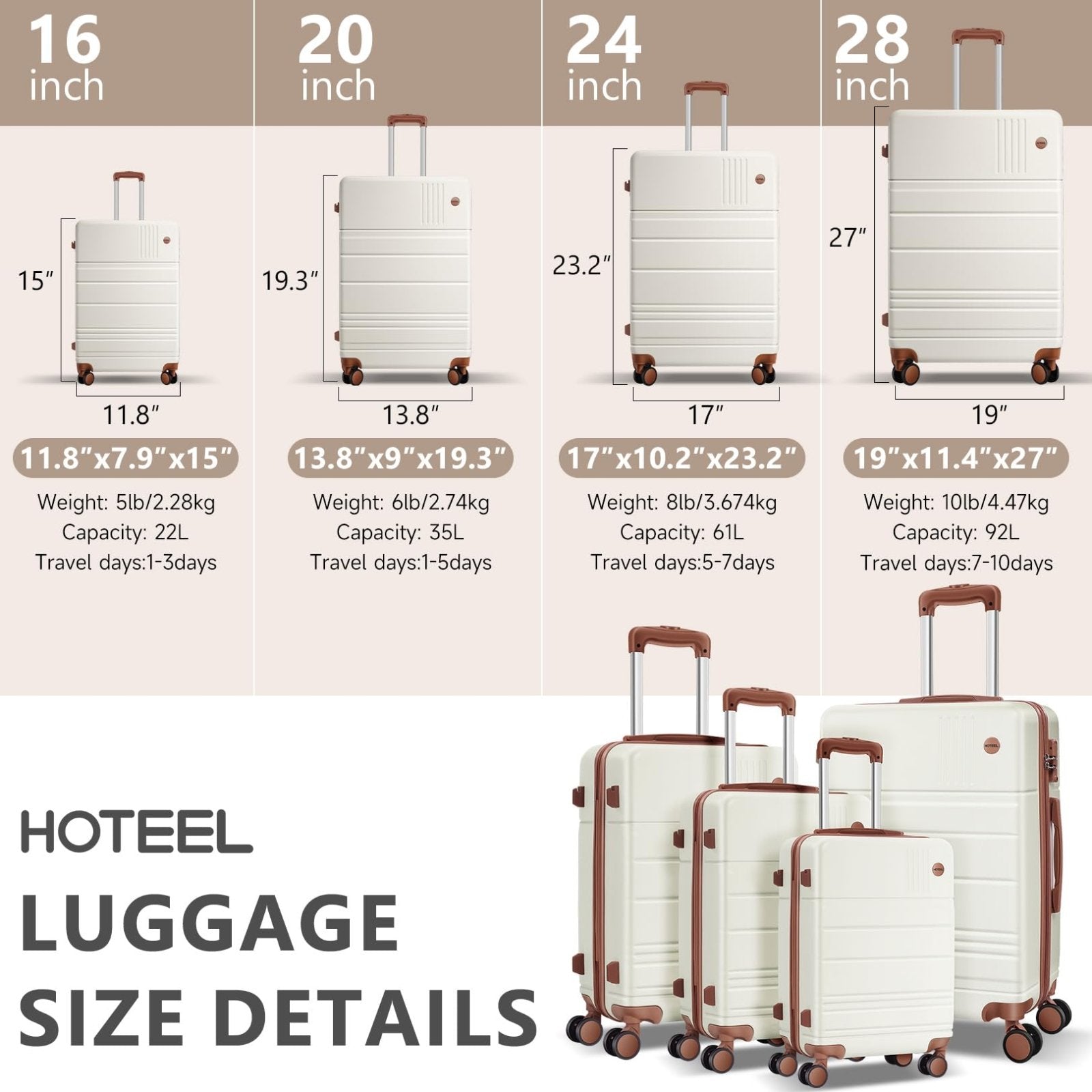 Hoteel Luggage Sets 4 Piece, 4 - Yr Warranty Durable Suitcase Dual - Spinner Wheel TSA Lock, Lightweight Travel Hardshell PC+ABS Carry on Luggage for Men&Women, Beige(16/20/24/28 inch)