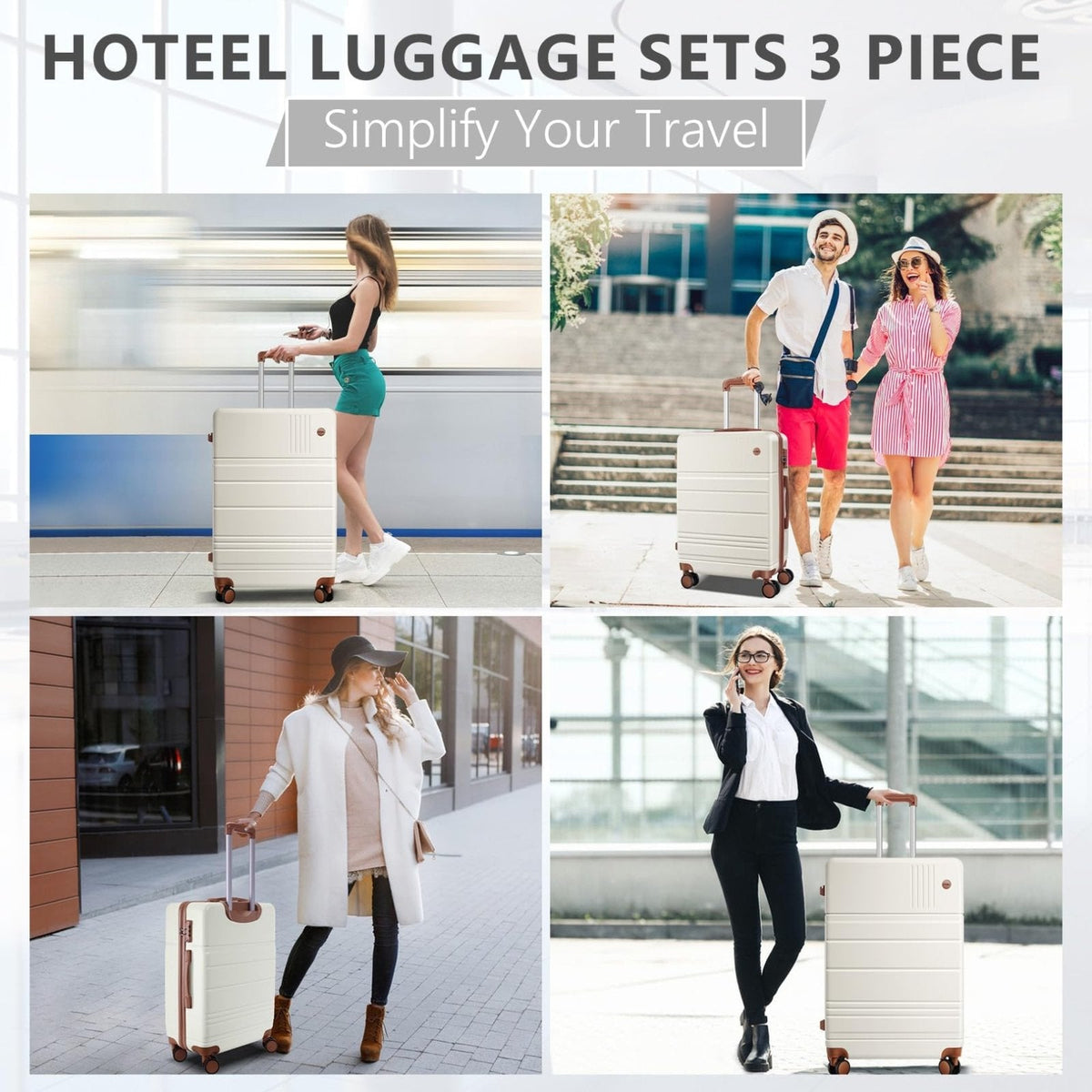 Hoteel Luggage Sets 4 Piece, 4 - Yr Warranty Durable Suitcase Dual - Spinner Wheel TSA Lock, Lightweight Travel Hardshell PC+ABS Carry on Luggage for Men&Women, Beige(16/20/24/28 inch)