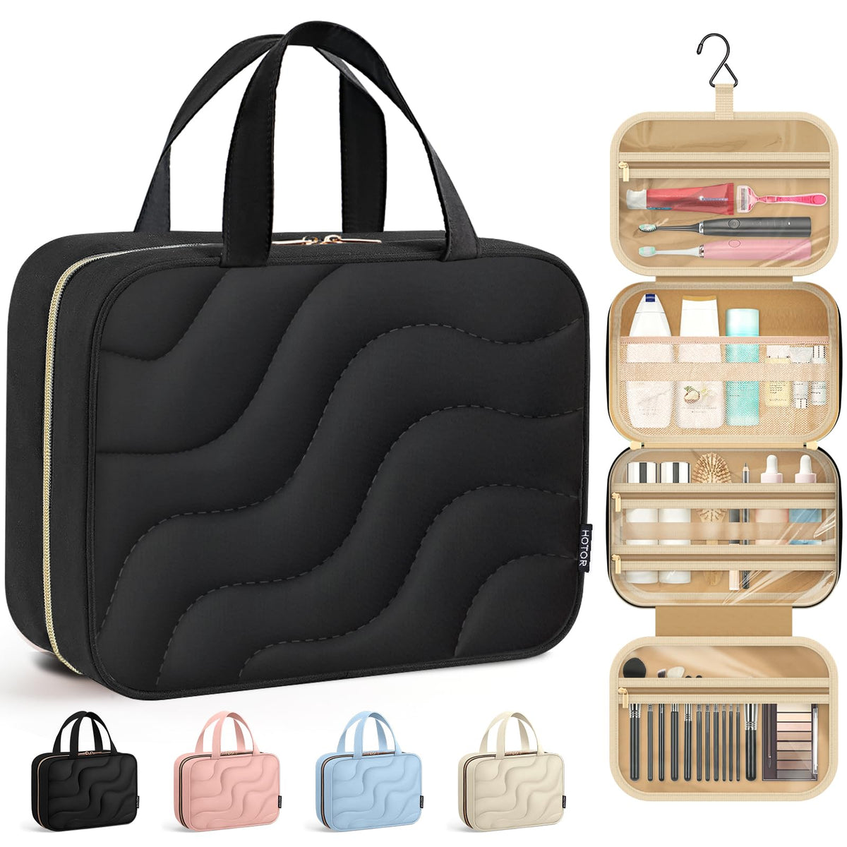 HOTOR Hanging Toiletry Bag - Spacious Travel Toiletry Bag for Women & Men, Multi-Pocket Makeup Organizer, Travel & Cruise Essentials for Business Trip, Gym, Black, 11.0" x 8.7" x 3.9"