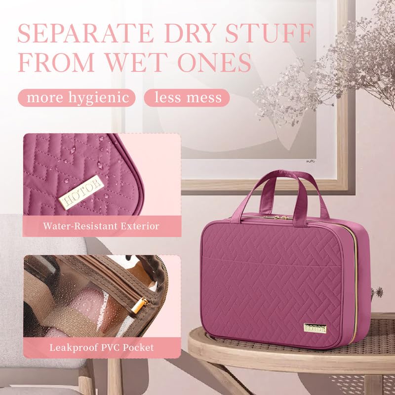 HOTOR Travel Toiletry Bag - Hanging Toiletry Bag for Women & Men, Makeup Bag/Big Comparment, Waterproof for Travel Accessories, Travel Essentials, Large, Rosewood - Pink