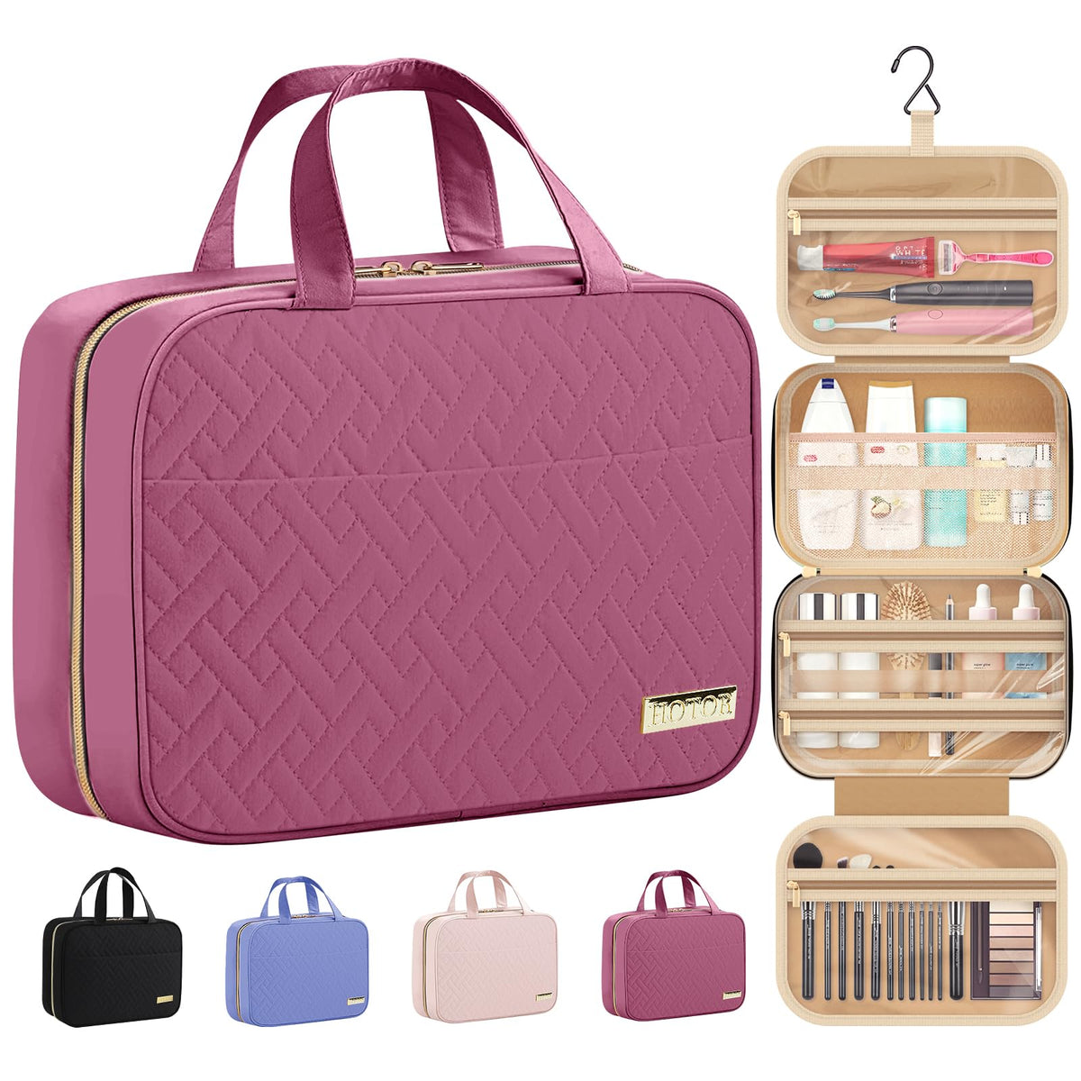 HOTOR Travel Toiletry Bag - Hanging Toiletry Bag for Women & Men, Makeup Bag/Big Comparment, Waterproof for Travel Accessories, Travel Essentials, Large, Rosewood-Pink
