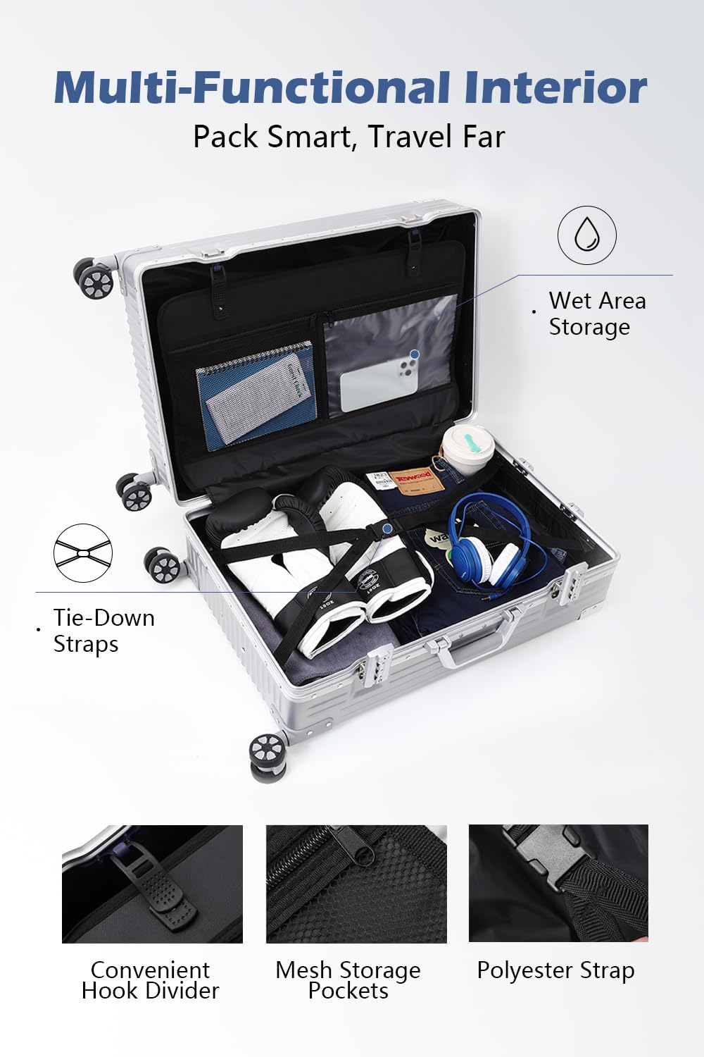 HotWay 3 - Piece Luggage Sets with Aluminum Frame, PC Hard Shell Suitcase with Spinner Wheels and TSA Lock, Large Suitcase for Travel, Silver