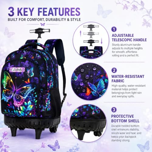 HPJGD 3PCS Rolling Backpack for Girls, Womens Butterfly School Backpacks with Wheels, Water Resistant Roller Kids Wheeled Bookbag Set with Lunch Box