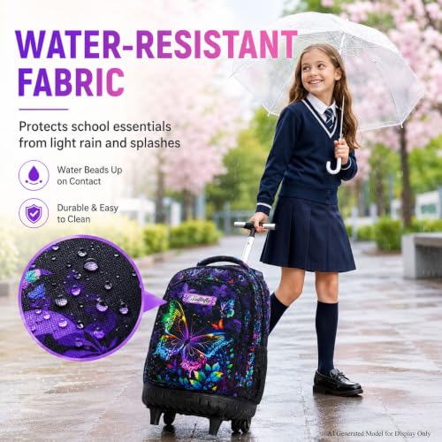 HPJGD 3PCS Rolling Backpack for Girls, Womens Butterfly School Backpacks with Wheels, Water Resistant Roller Kids Wheeled Bookbag Set with Lunch Box