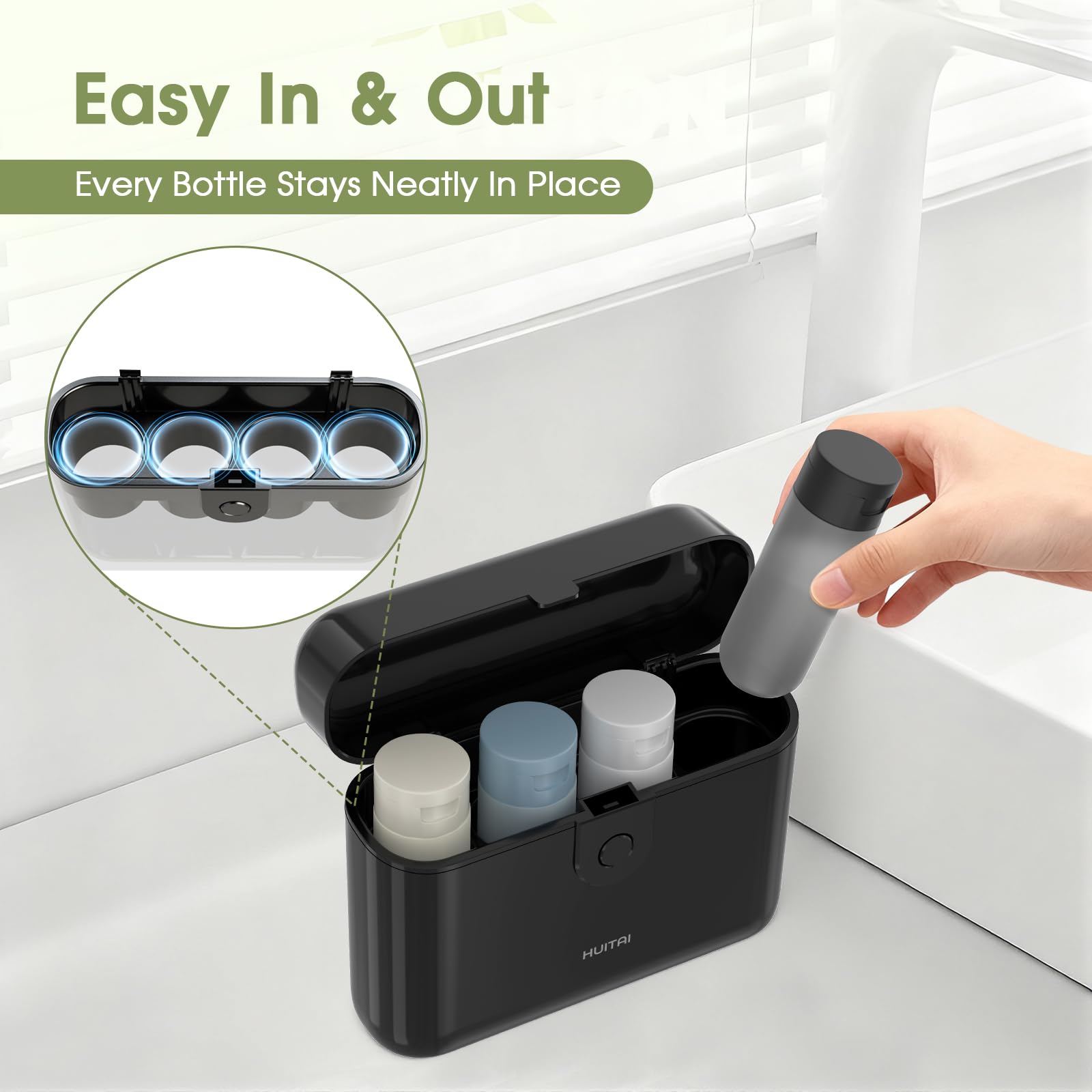 HUITAI Travel Bottles with Case, 4x2oz TSA Approved, Leak - Proof, Press to Unlock, Compact & Portable Travel Toiletries (Black)