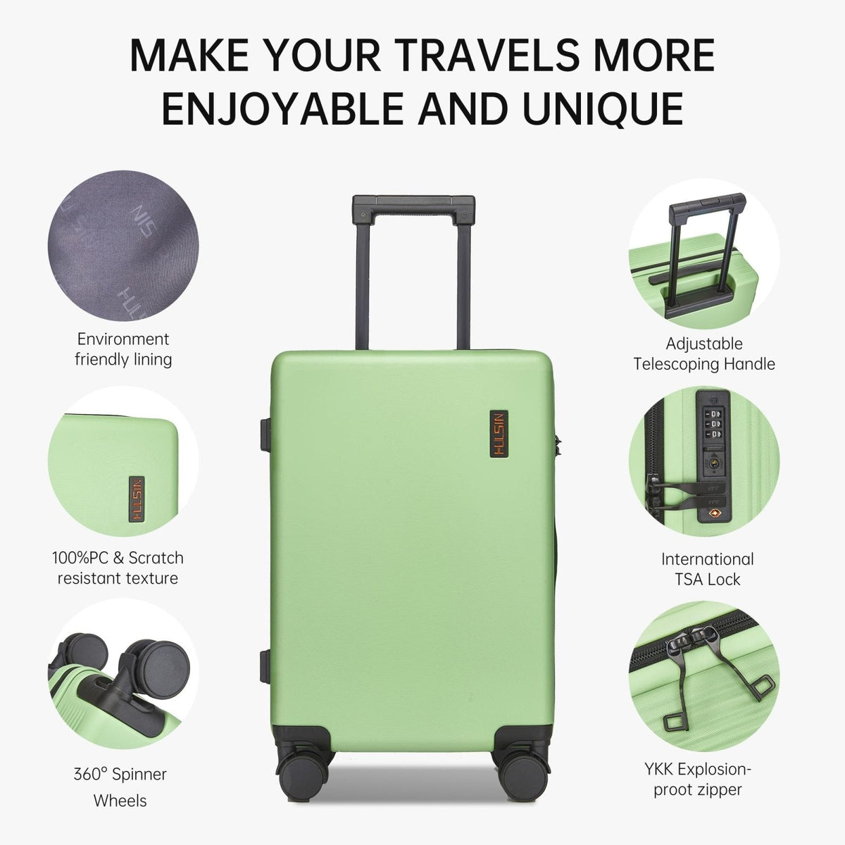 Hulsin Carry on Luggage 22x14x9 Airline Approved, 20 Inch Carry - on Suitcase, Hard Shell Luggage with Spinner Wheels, Hardside Small Rolling Suitcase with TSA Lock for Travel (Green, 20 Inch)