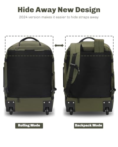Hynes Eagle Rolling Backpack 42L Backpack with Wheels Airline Approved Carry on Luggage Laptop Travel Suitcase Bag for Women Men Dark Green