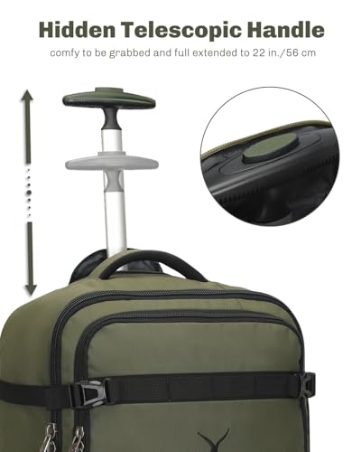 Hynes Eagle Rolling Backpack 42L Backpack with Wheels Airline Approved Carry on Luggage Laptop Travel Suitcase Bag for Women Men Dark Green