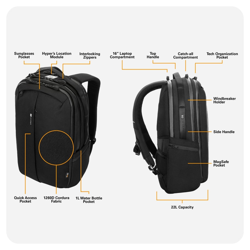 HyperPack Pro 22L Slim Travel Backpack with 'Find My' Compatibility - Fits up to 16” Laptop. Anti Theft w/RFID Protective Pocket.