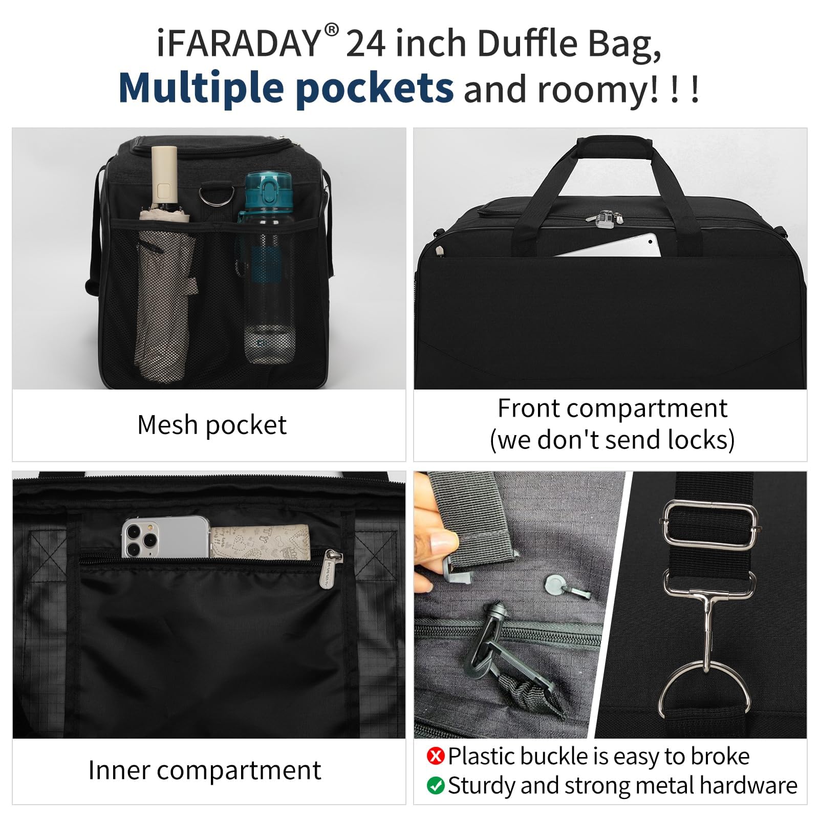 iFARADAY 47L Travel Duffel Bag with Shoe Compartment, Weekender Gym Duffle Bag with Luggage Sleeve & Multiple Pockets for Overnight Trips (Black)