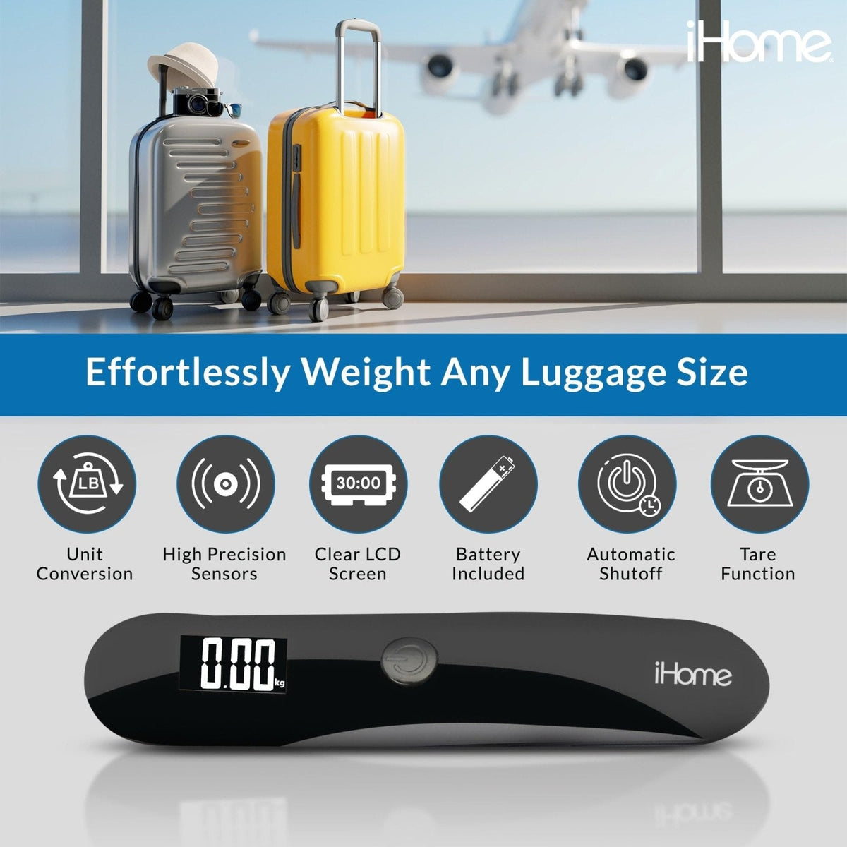 iHome Digital Luggage Scale - 110lbs Portable Suitcase Scale with LCD Display - Luggage Weight Scale (220LSGL2BL)