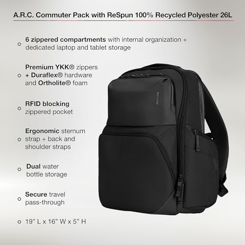 Incase A.R.C. Commuter Backpack 26L – Work and Laptop Bag – Fits up to 16 inch Laptop and MacBook – RFID Pocket, 6 Zippered Compartments, Tablet Sleeve – Everyday and Travel Backpack – Black