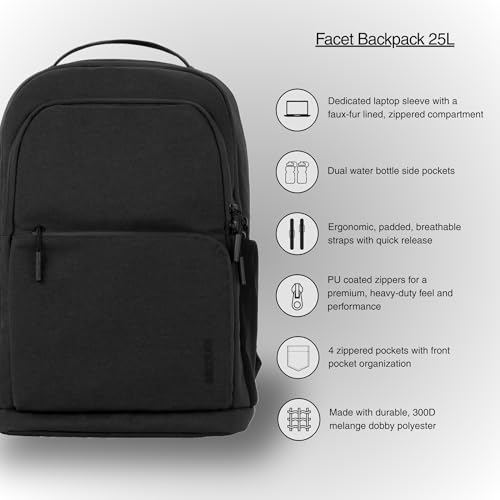 Incase Facet 25L Durable Travel Backpack + Laptop Bag with Computer Sleeve with Quick Release Strap - Carry On Backpack (Black, 25L)