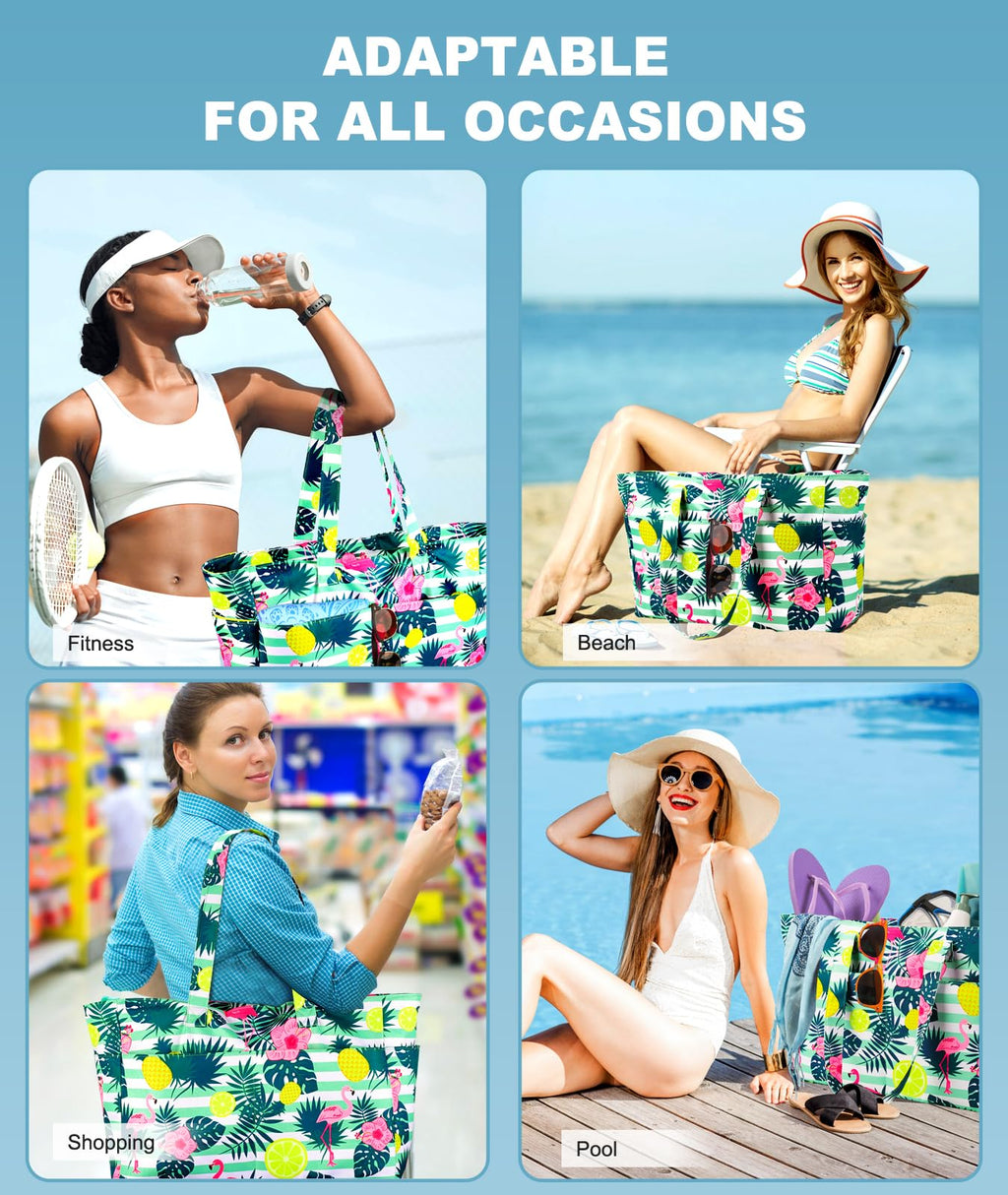 ISEYOU Extra Large Beach Bag, Waterproof Beach Totes Bags with Zipper, Pool Bag with Wet Compartment, Lightweight Foldable Large Weekender Bags for Women Men, Perfect for Pool Travel Vacation Gym