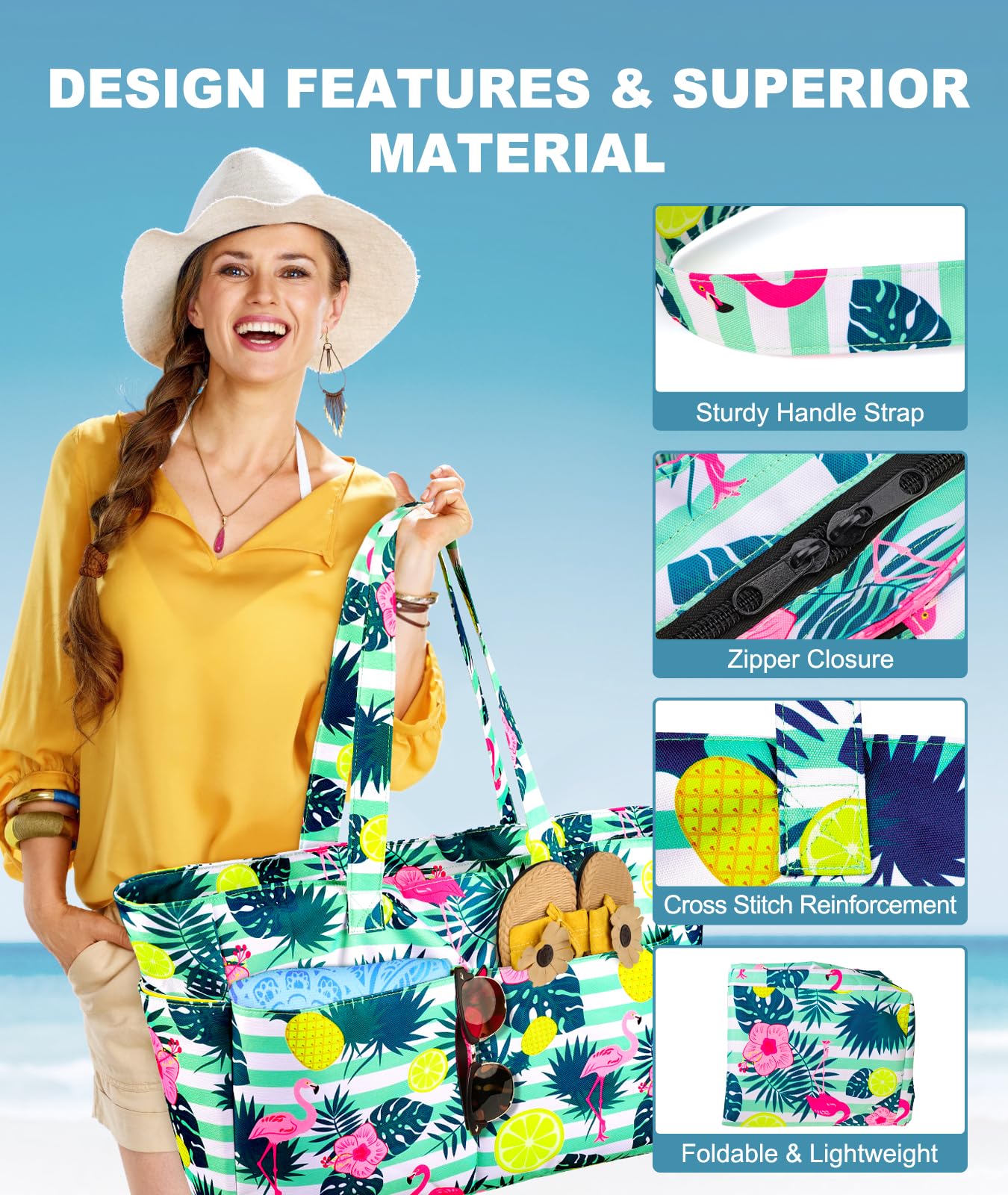 ISEYOU Extra Large Beach Bag, Waterproof Beach Totes Bags with Zipper, Pool Bag with Wet Compartment, Lightweight Foldable Large Weekender Bags for Women Men, Perfect for Pool Travel Vacation Gym