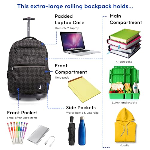 J World Sundance Laptop Rolling Backpack for Girls Boys. Roller Bookbag with Wheels, 20 Inch, Argyle Black