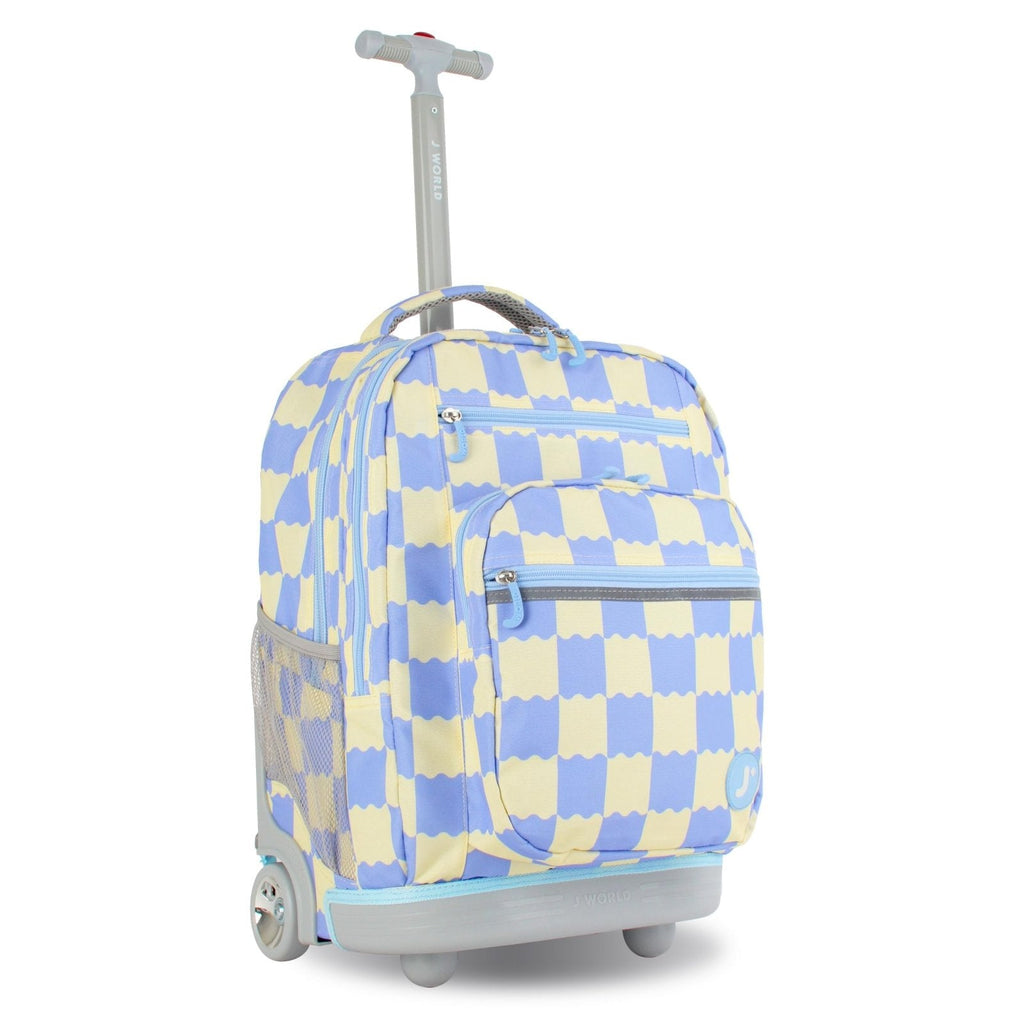 J World Sundance Laptop Rolling Backpack for Girls Boys. Roller Bookbag with Wheels, Wiggle Blue