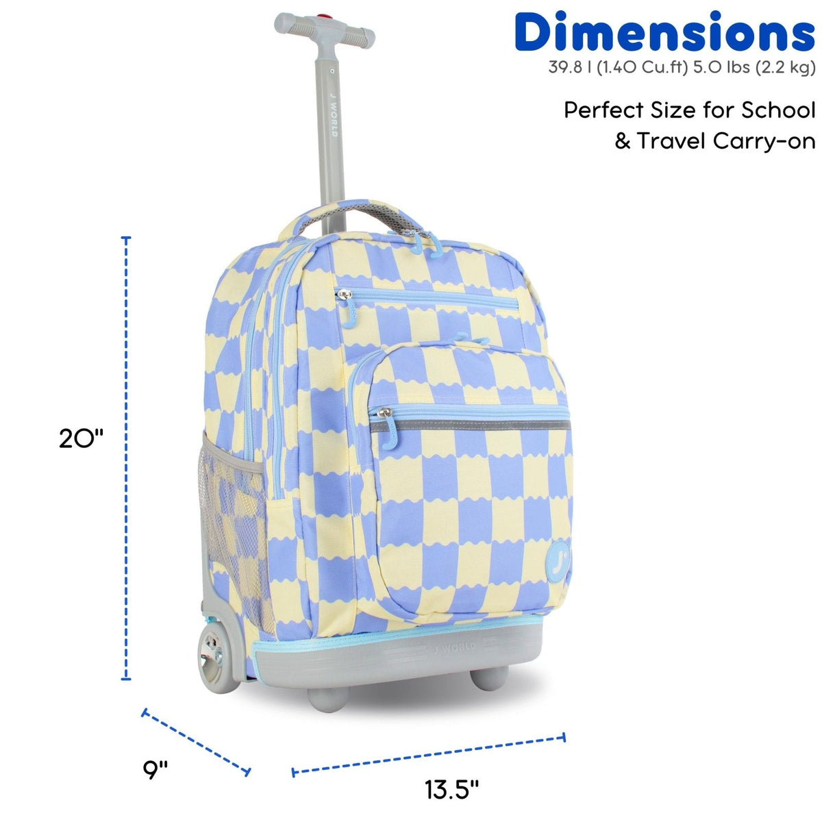 J World Sundance Laptop Rolling Backpack for Girls Boys. Roller Bookbag with Wheels, Wiggle Blue