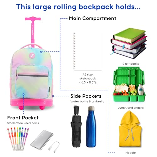 J World Sunrise Kids Rolling Backpack with Wheels for Girls Boys, Roller Bookbag for School, 18 x 13 x 9 Inches, Aurora