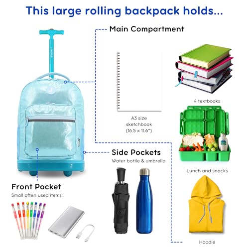 J World Sunrise Kids Rolling Backpack with Wheels for Girls Boys, Roller Bookbag for School, 18 x 13 x 9 Inches, Metallic Teal