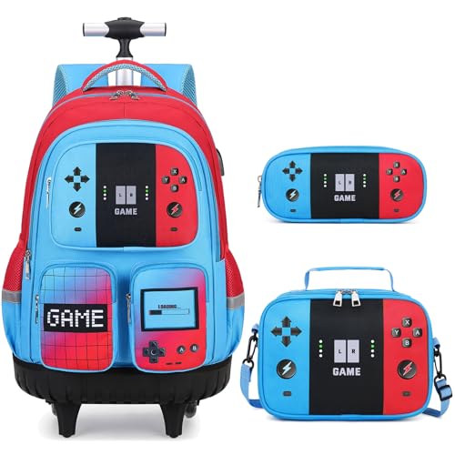 Jafeton Rolling Backpack for Boys, 3 PCS Gamer Boy Backpack Set with Lunch Box & Pencil Pouch, Roller Wheels School bag for Boys Kids Teens, Elementary Middle School, Kids Bookbag Casual Daypack