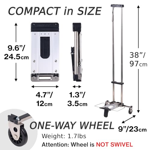 Japard Folding Carrying Cart, Luggage Cart with 2 Wheels One Way, Compact for Travel Trolley School with Bungee Cord for Light Duty 22lbs