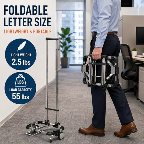 Japard Luggage Cart with 2 Wheels Foldable, Purse Trolley, Portable Travel Dolly Compact Air Travel Loadable 55 lbs, Smallest Folding Carrying Cart Light Weight