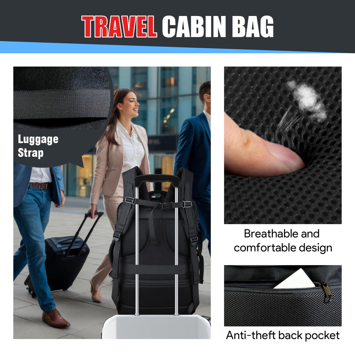 JARWAM Expandable Travel Backpack 50L - 60L, Extra Large Carry on Backpack Hiking Camping Rucksack with Waterproof Wet Pocket, Anti - Theft 19 Inch Gaming Laptop Bag for Road Trip Outdoor Sports, Black