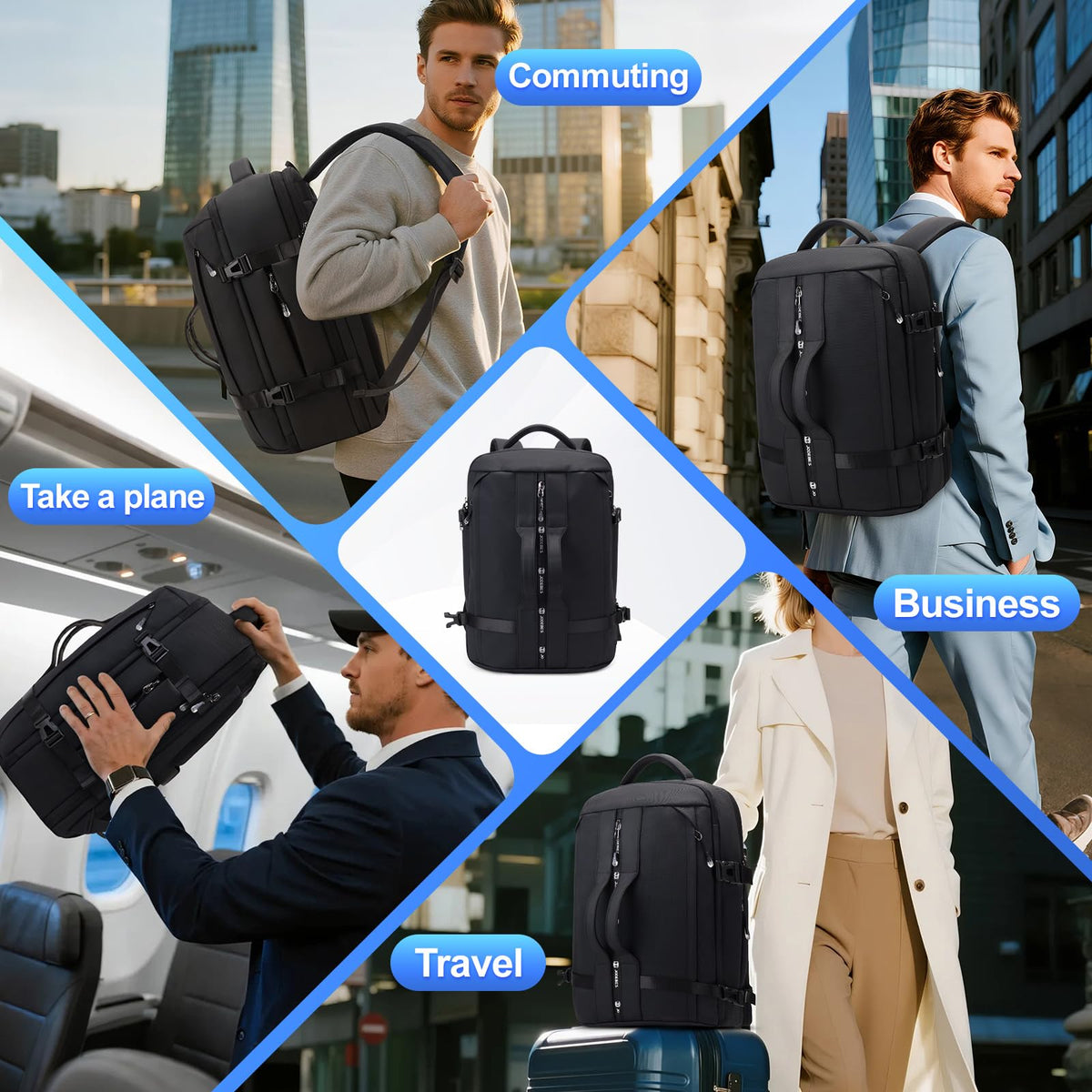 JODEBES Travel Backpack Carry On 50L, Laptop Backpack,Airline Approved Duffel TSA Luggage Bag for Men Women, Water - resistant Large Business Rucksack Daypack, Fits 17.3" Laptop, Black