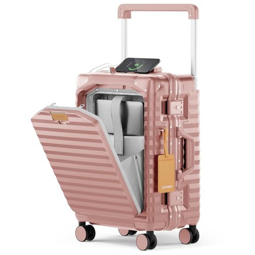 Joyway 20 Inch Carry on Luggage with Aluminium Frame and Front Pocket, PC Hardshell Suitcase with USB Port and Cup Holder, 21.5x14.2x9 Airline Approved, Luggage with Spinner Wheel TSA Lock(Rose Gold)