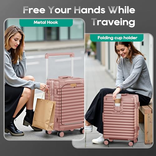 Joyway 20 Inch Carry on Luggage with Aluminium Frame and Front Pocket, PC Hardshell Suitcase with USB Port and Cup Holder, 21.5x14.2x9 Airline Approved, Luggage with Spinner Wheel TSA Lock(Rose Gold)