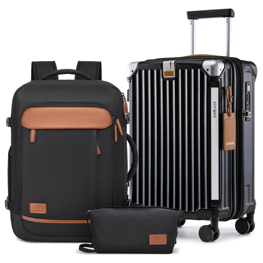Joyway 20in Carry On Luggage with Cup Holder and USB Port, 25% Expandable Capacity, Smart Suitcase with Anti Slip Wheels and Backpack, Perfect for Men and Women 3 Piece Set Black