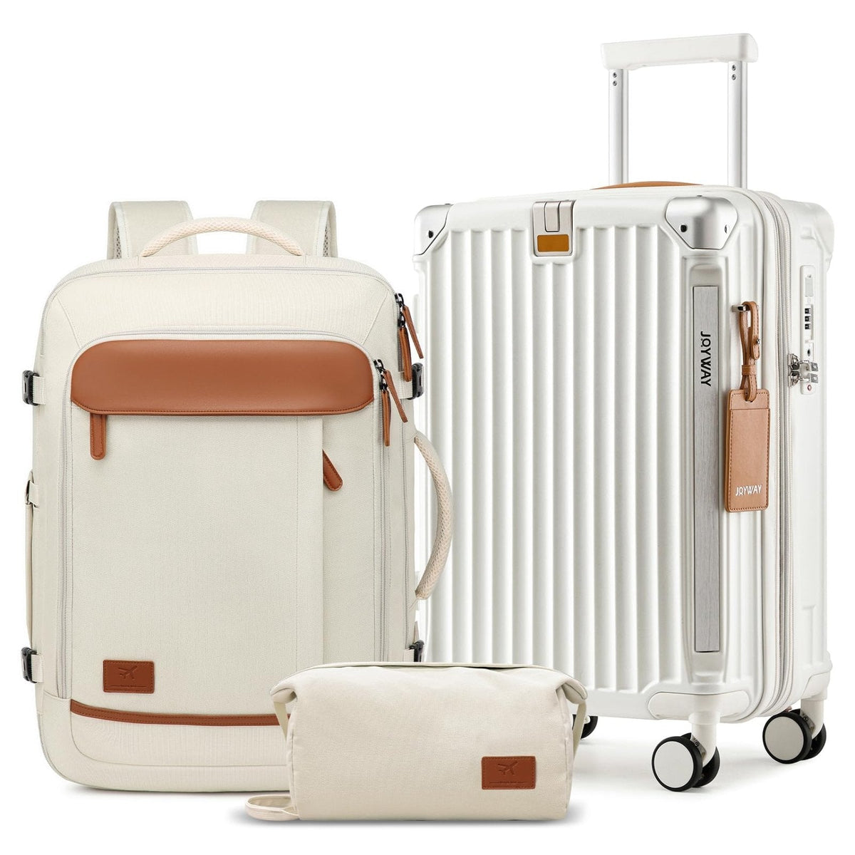 Joyway 20in Carry On Luggage with Cup Holder and USB Port, 25% Expandable Capacity, Smart Suitcase with Anti Slip Wheels and Backpack, Perfect for Men and Women 3 Piece Set White
