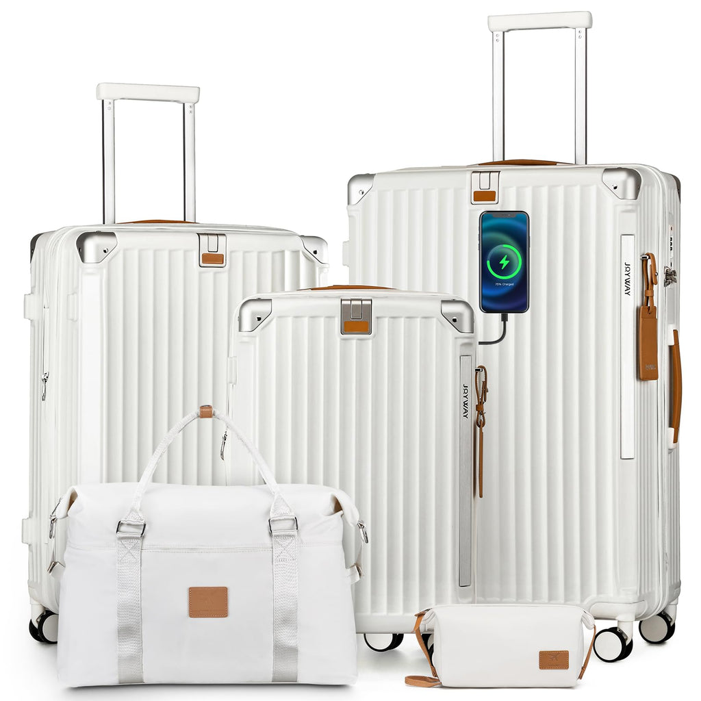 Joyway 5 Piece Luggage Set with Cup Holder, Expandable 25% Capacity, Includes Handbag, Anti Slip Wheels, Hook, Smart Carry On Suitcase for Men and Women, Spinner Travel White
