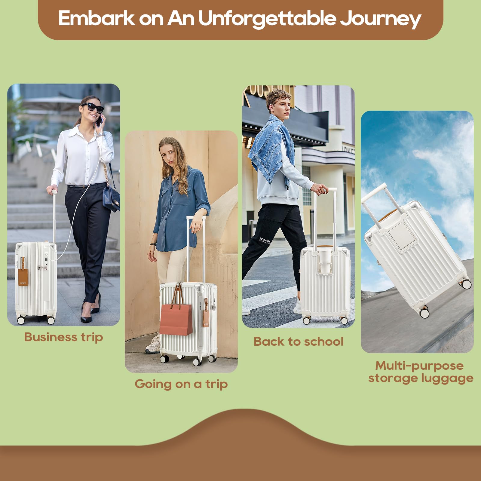 Joyway 5 Piece Luggage Set with Cup Holder, Expandable 25% Capacity, Includes Handbag, Anti Slip Wheels, Hook, Smart Carry On Suitcase for Men and Women, Spinner Travel White