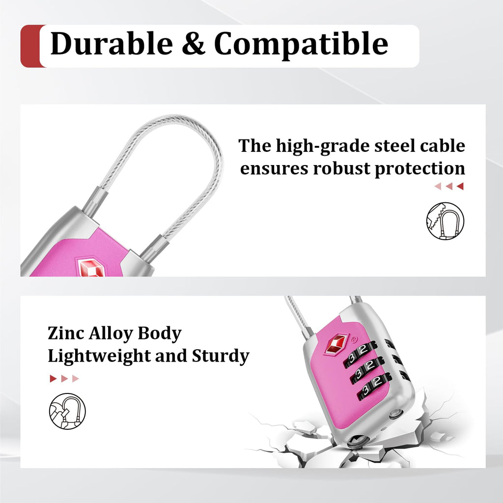 Joyway TSA Approved Luggage Lock, 3 Digit Combination Cable Lock with Alloy Body, Travel Combination Locks for Suitcases, Backpack and Golf Bag (Pink, 4Pack)