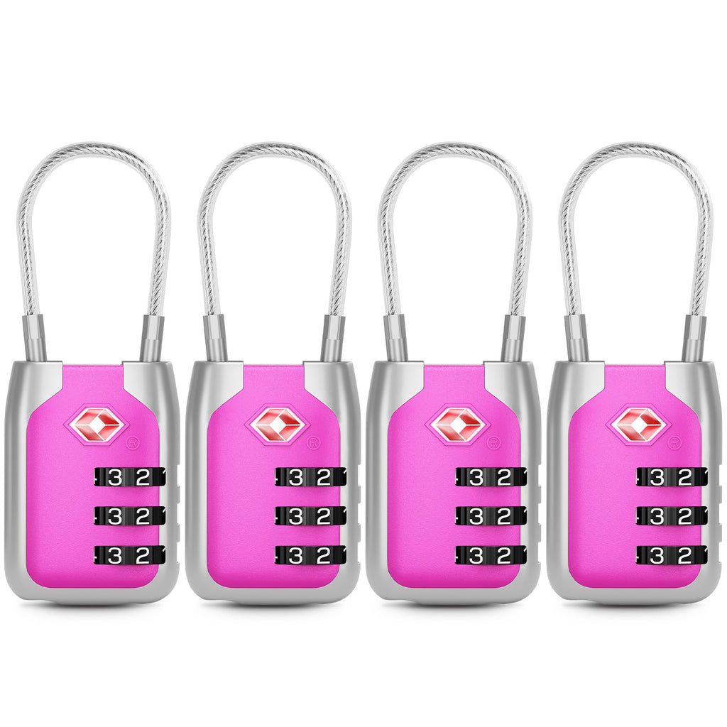 Joyway TSA Approved Luggage Lock, 3 Digit Combination Cable Lock with Alloy Body, Travel Combination Locks for Suitcases, Backpack and Golf Bag (Pink, 4Pack)